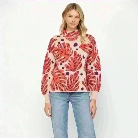 Fate “Coral Palm” Print Mock Neck Sweater With Balloon Sleeves Small NWOT! - Picture 2 of 8
